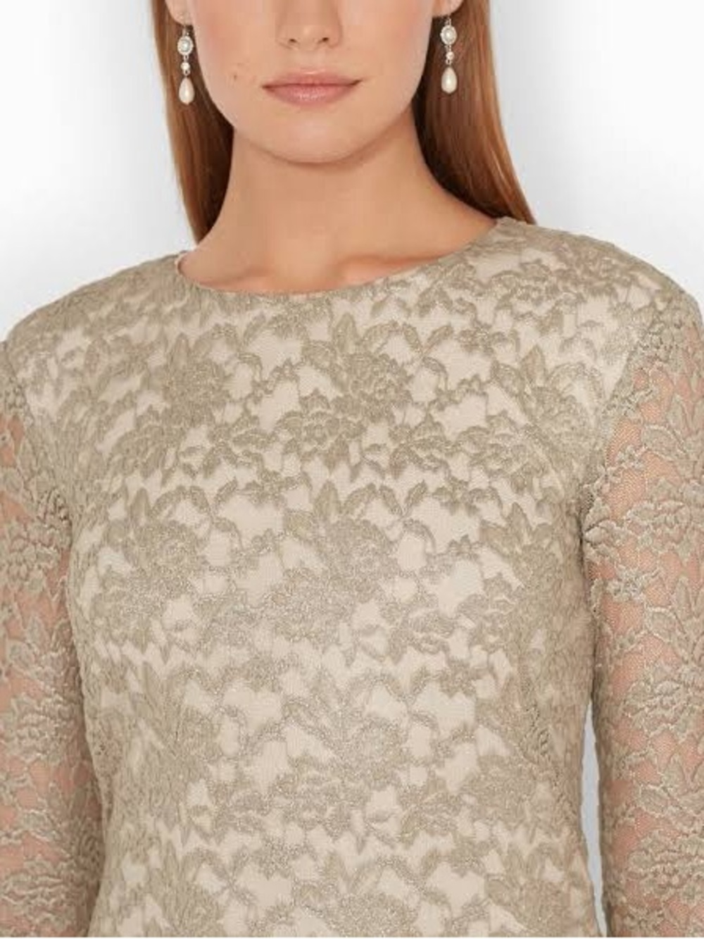 Ralph Lauren Long-Sleeve Lace Evening Gown in Champagne Silver - Picture 7 of 7